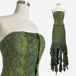 Jianini Green corset top asymmetric ruffle hem gown floral beaded lace fairy 4